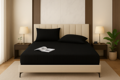 LuxeLinen Single Stripe Fitted Sheet – Microfiber, Deep Pocket, Wrinkle-Resistant, Soft & Breathable Striped Bed Sheet for Single Size Mattress (Gray,Black,Cream,Silver - Single,Double,King,Super King)