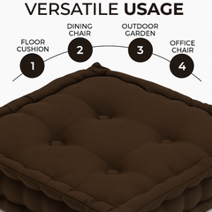 LuxeLinen Velvet Floor Cushion 40x40cm Thick Tufted with Handle, Soft & Comfortable Square Booster Cushion, Non-Slip Floor Pillow for Living Room, Bedroom, Office, Dining Chair & Armchair (Dark-Brown)